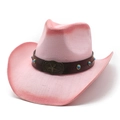 Pink woven western cowboy hat with wide brim and turquoise beaded star badge band - M (56-58cm) / Rose Pink