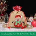 Christmas snowman drawstring backpack gift bag made of linen with festive green plaid details - Linen Strap Gift Bag Snowman