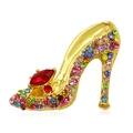 Elegant gold high heel brooch featuring colorful rhinestones and a red oval gemstone - High Heels (Gold Red)