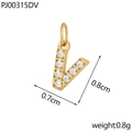 Detailed view of a gold-plated letter V pendant with micro-inlaid white cubic zirconia - Letter V / Gold