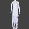 Detail of white tube maxi dress showing layered ruffle hem and tiered fishtail design - S / White