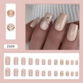 Uñas postizas cuadradas rosa nude con rayas doradas en V y detalles de pedrería - Estilo de Taladro Triangular Oro Champaña Minimalista (Z606)