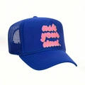 Detail of royal blue trucker hat with pink ask your dad text and breathable mesh back - One Size / Royal Blue