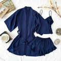 Conjunto de pijama de satén azul marino de 3 piezas con bata, top y pantalón corto - S / Azul Marino