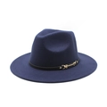 Chapeau fedora bleu marine en laine à bord plat et ruban décoratif en cuir noir - M (56-58cm) / Bleu marine