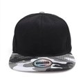Macro detail of camouflage snapback brim with a premium holographic quality sticker - Black Hat with Grey Camouflage Brim