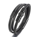 Pulsera multicapa de cuero negro para hombre con cordón trenzado y cierre magnético - Negro