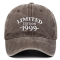 Detailed view of white embroidery on a washed brown cotton baseball cap. - Adjustable / Coffee