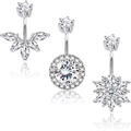 Three-piece stainless steel belly ring set with sparkling cubic zirconia in petal and snowflake shapes - Silver 3-Piece Set