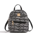 Detailed view of mini backpack with black and white snake skin pattern and gold zippers - Black