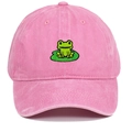 Detailed view of pink washed cotton baseball cap with green frog on lotus leaf embroidery - Pink