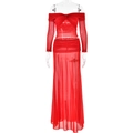 Set sexy da donna 2 pezzi rosso con top a spalle scoperte e gonna arricciata in mesh - S / Rosso