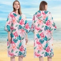 Adult microfiber hooded beach poncho with pink flamingo and tropical floral print - Sleeved Zipper Style - Pink Flamingo