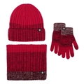 Winter knitted wool set including red and burgundy pompom hat, scarf, and touch gloves - One Size / Knit Hat, Scarf and Gloves Set / Rose Red