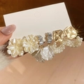 Detail of floral and geometric earrings set with pearls and rhinestones on a gold frame - Silver Needle-Gold-White (6-Piece Set)