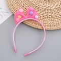 Pink tulle bow headband for girls featuring colorful pom-poms and inner grip teeth - Rose Red Headband / Rose Red