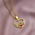 Close-up of gold heart pendant with MUM lettering and red gemstone inlay on chain - Heart MUM-Red Zircon Inlaid