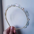 Detailed view of handmade crown headband with raw white crystals and white pearls - Clear Quartz Gold Wire Gold Headband