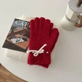 Red knit gloves with white bow detail on wrist, cozy winter accessory for women - Gloves / Red