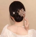 Elegant beige floral hair bun maker for women with soft fabric and mesh design - Starry Sea Coffee