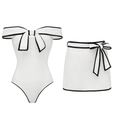 Elegant white one-piece swimsuit with black bow trim and matching skirt, Hepburn style - S / Tube Top Set / White