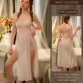 Witte kanten doorschijnende babydoll met zijsplit en bijpassend slipje setje - One Size S-XL / Witte Jurk Met Bandjes + T-back