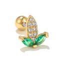 Detailed close-up of leaf-shaped gold stud earring with green gems and white crystal pavé - Green Leaf