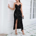 Sexy schwarzes Pailletten-Abendkleid mit schmalen Trägern und hohem Beinschlitz - XS / Schwarz