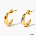 Golden C-shaped hoop earrings with multi-color zircon stones in a vintage style - 14K Gold + Colorful Zircon (KDE890)