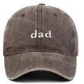 Detailed close-up of white 'dad' embroidery on washed cotton vintage baseball cap - DAD / Coffee