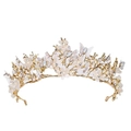 Barocke Brautkrone mit goldenen Schmetterlingen, rosa Blumen und Kristallen auf weißem Grund - Gold