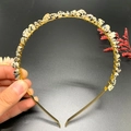 Detailed view of handmade gold headband with natural speckled dalmain stone accents - Single Row / Dalmatian Stone-Single Row