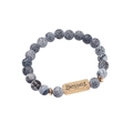Beaded natural stone bracelet with gold-tone metal plaque engraved with Blessed text - Black Grey Dragon Vein Agate-Blessed