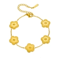 Elegant gold stainless steel bracelet with five stylized floral charms on white background - Bracelet