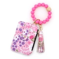 Pink floral leather wallet with silicone bead wristlet and tassel keychain accessory - Rose Red