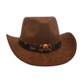 Dark brown suede western cowboy hat featuring a vintage bronze skull and crossbones band - Coffee