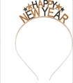 Macro detail of HAPPY NEW YEAR rhinestone headband with golden star decorations - Double Layer Matching Style / Black/Champagne