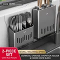 Gunmetal grey wall-mounted kitchen organizer set with knife holder and cutlery cylinder - Gun Grey Chopstick Holder + Knife Box Set