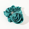 Elegant teal satin flower scrunchie hair tie with a smooth silk-like glossy finish - Peacock Blue