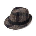 Classic men's vintage fedora hat in dark brown plaid wool with black grosgrain band - M (56-58cm) / Coffee