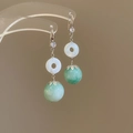 Silver drop earrings featuring a white jade ring and a green jade bead with zircon accents - 51# Ear Hook-Silver Green Ping'an Buckle Ball (HE24844)