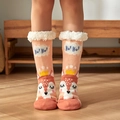Pink lamb wool thermal slipper socks with cute cartoon fox pattern and anti-slip sole - Fox