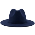 Classic dark blue wool fedora hat with wide brim and matching decorative ribbon band - Navy Blue