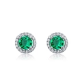 Pendientes de plata S925 con esmeralda redonda y halo de diamantes en diseño elegante - Plata 925 / Verde