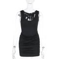 Detail view of black ruched mini dress with sleeveless design and bodycon fit for women - S / Black