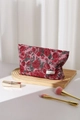 Detail of vintage red rose jacquard makeup bag with elegant floral pattern on wood tray - Large (26x18cm) / Rose Red