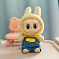 Plush rabbit hoodie and blue denim overalls outfit for Labubu sitting party doll - Yellow Baby Overalls / First And Second Generation Keychains Are Compatible With La Cloth Dolls. Dolls Not Included.