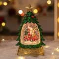 Christmas tree snow globe with Santa in a red car and golden embossed base stand - Green Tree Santa in Car