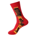 Spain themed red crew socks featuring Moai statue patterns and yellow color block accents - 1203-Moai