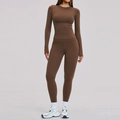 Donkerbruine yoga set met nauwsluitend shirt met lange mouwen en high-waist stretch leggings - S / Chocoladebruin